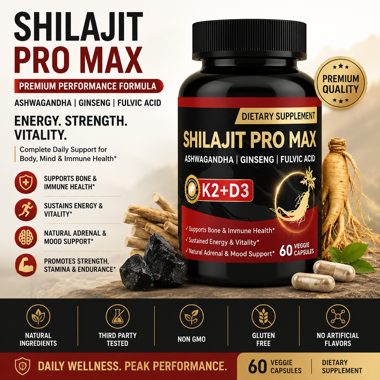 Shilajit Capsules with Ashwagandha, Ginseng, Vitamin K2 &a D3 – Daily Energy, Bone & Immune Support
