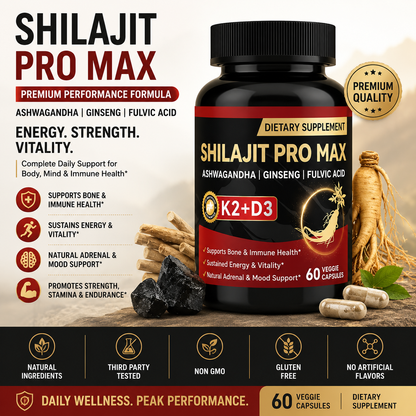 Shilajit Capsules with Ashwagandha, Ginseng, Vitamin K2 &a D3 – Daily Energy, Bone & Immune Support